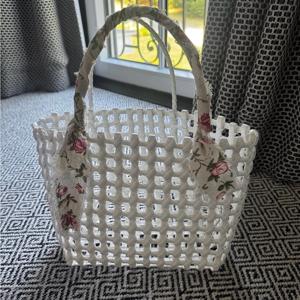 White Woven Tote Bag with Floral Accents